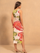 VESTIDO CHÁ COM FAIXA EM MALHA CANELADA ESTAMPADA