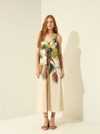 VESTIDO CHÁ ESTAMPADO COM NÓS NAS ALÇAS