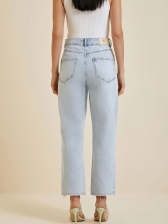 CALÇA MORENA ROSA RETA CÓS ALTO BOLSO RELÓGIO JEANS