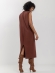 Vestido Midi Chá Em Algodão Com Drapeado Nos Ombros