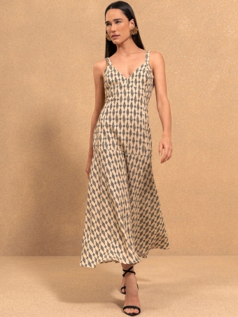 VESTIDO ESTAMPADO DE ALÇAS CHÁ COM DECOTE V