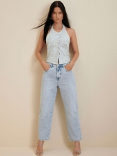 CALÇA MORENA ROSA RETA CÓS ALTO BOLSO RELÓGIO JEANS