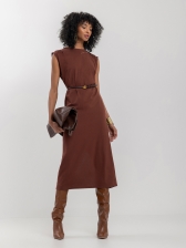 Vestido Midi Chá Em Algodão Com Drapeado Nos Ombros