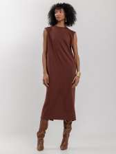 Vestido Midi Chá Em Algodão Com Drapeado Nos Ombros