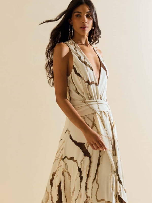 VESTIDO AJUSTADO DECOTE TRANSPASSADO SEM MANGAS MIDI