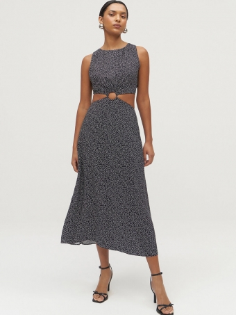 VESTIDO MIDI ESTAMPADO EM VISCOSE COM CUT OUT