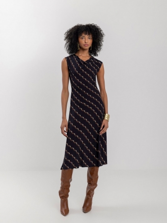 VESTIDO MIDI CHÁ SEM MANGAS ESTAMPADO COM GOLA DEGAGÊ