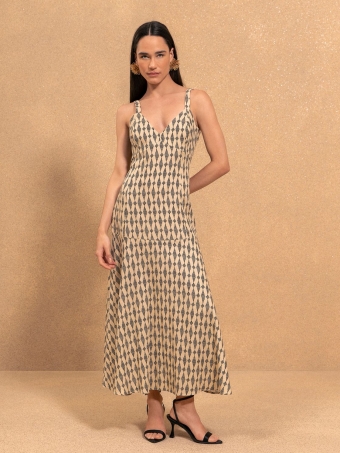 VESTIDO ESTAMPADO DE ALÇAS CHÁ COM DECOTE V